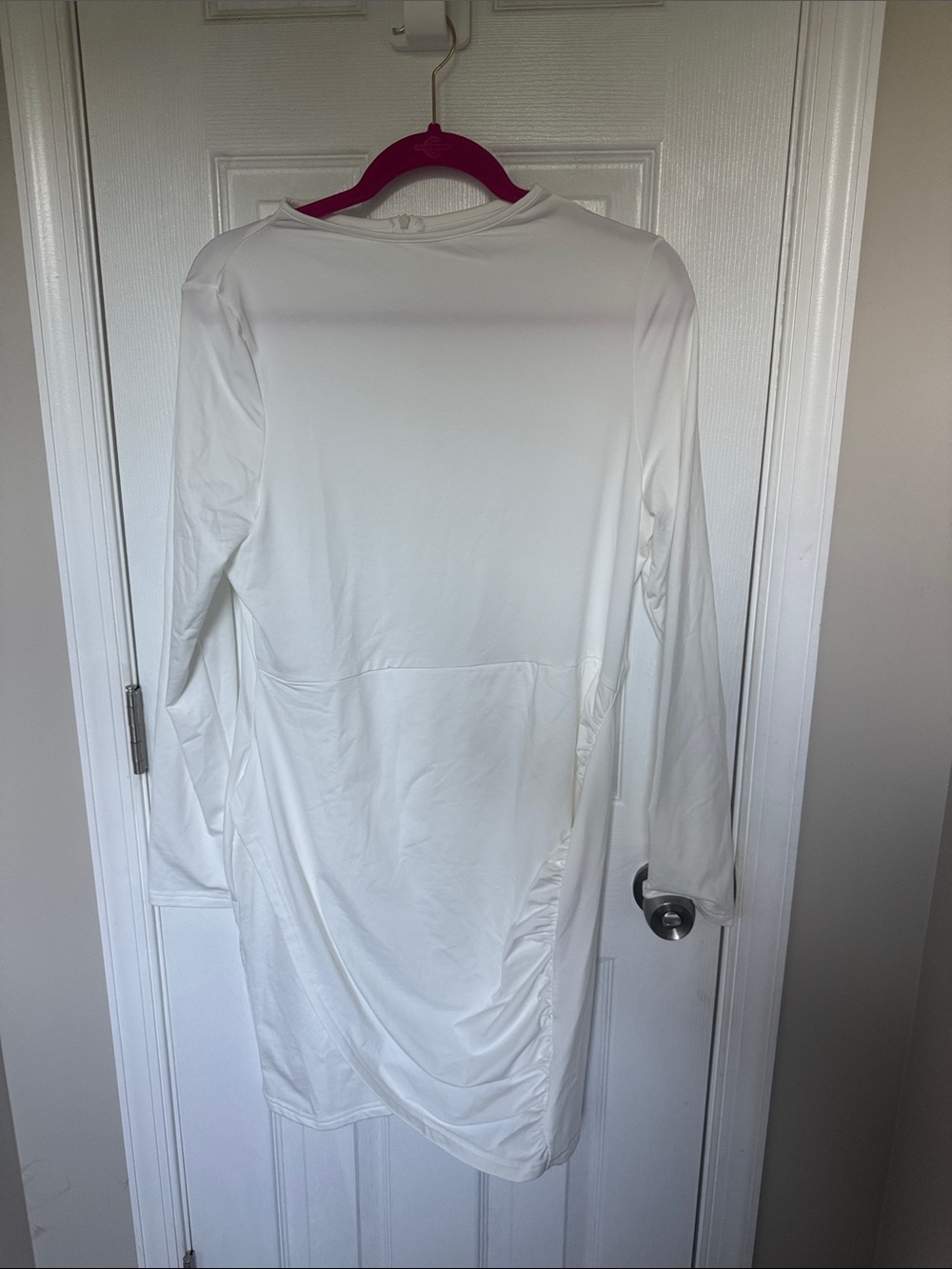 White Long Sleeve Ruched Back Dress